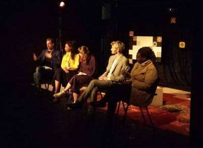 A panel discussion underway in Johannesburg, South Africa after a performance of 'The Incident' by Joakim Daun<br>Production management and AV design by JEG Productions.